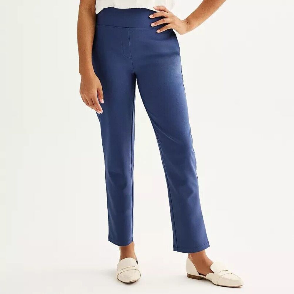 Nine West Women XXL Pull On Straight Ankle High Rise Pants Blue Elastic Waist
